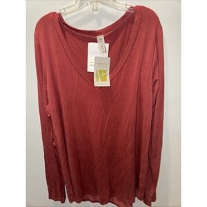 NWT Women's Mittoshop Green Label  V Neck LS Top Size Med Orange Bamboo Fabric